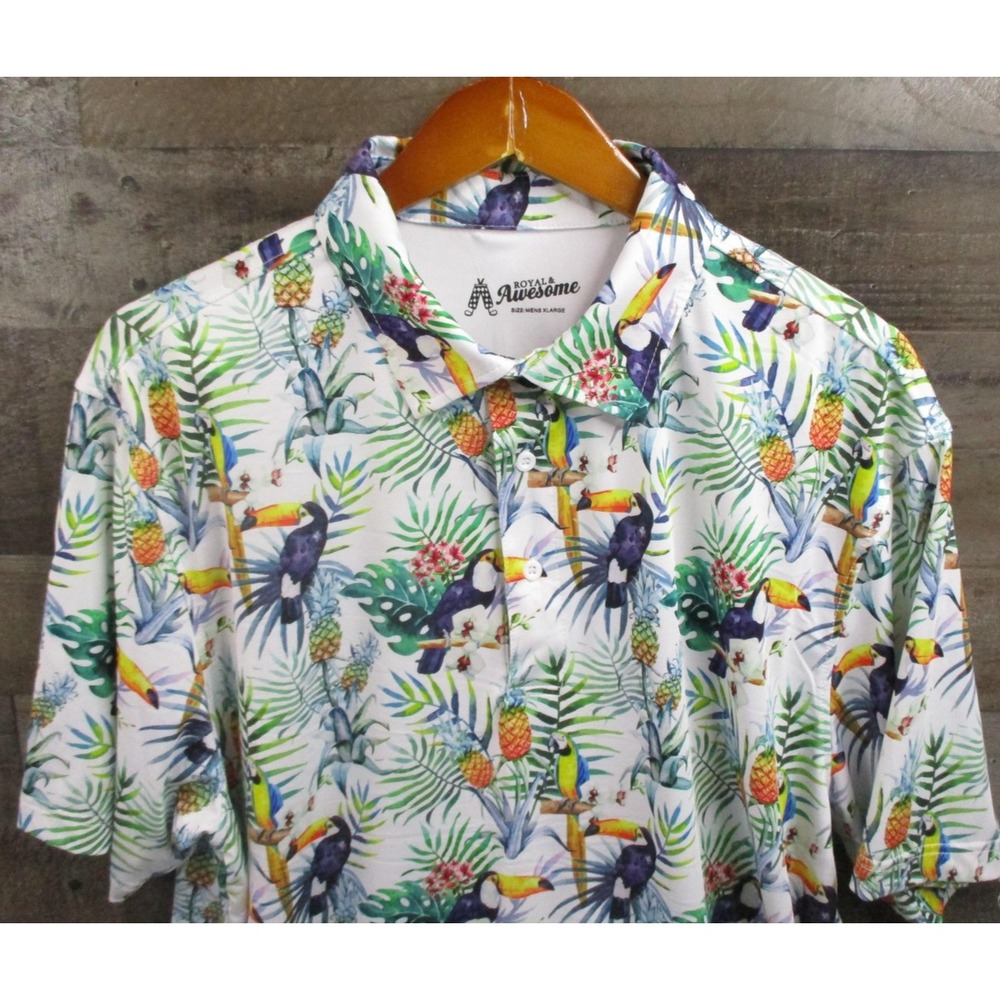 Royal & Awesome Polo Shirt Mens XL Tropical Toucan Parrot Pineapple Golf Fun
